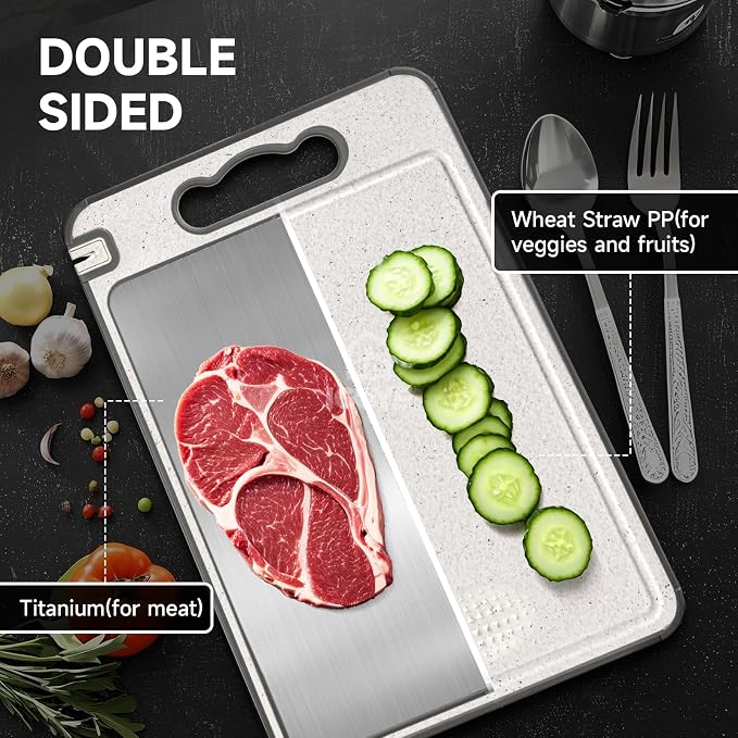 Titanium Cutting Board, Double Sided Chopping Board for Kitchen, Non Toxic Non Slip Cutting Board 14.37"*9.84", Food-Grade, Dishwasher Safe (1PCS of Pack,1 side Titanium Other side Wheat Straw PP)