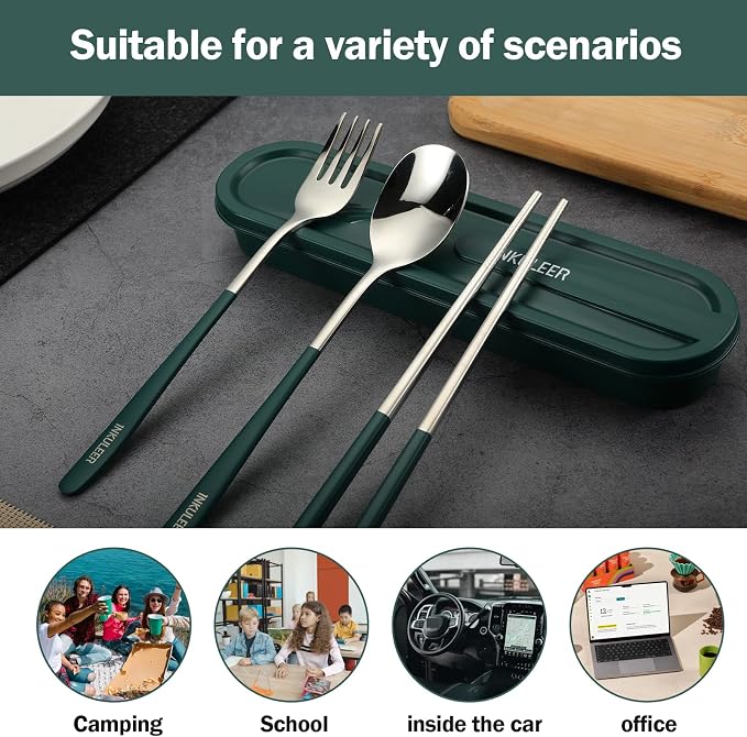 iNKULEER Travel cutlery set, 18/8 stainless steel cutlery, Reusable utensils set with case, Portable Silverware Lunch Box for Camping and Office (Dark Green)