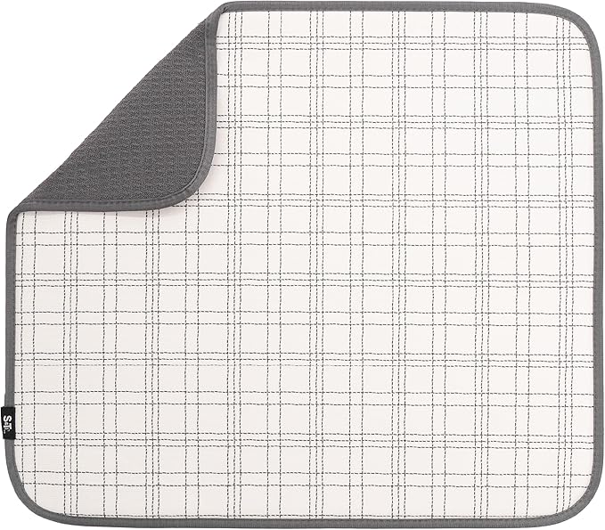 S&T INC. Dish Drying Mat, 16" x 18", Large, Stitched Plaid | Absorbent Microfiber, Kitchen Counter Mat for Dishes, Utensils, Pots and Pans, Machine Washable