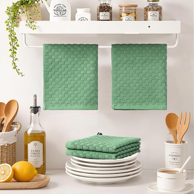 Homaxy 100% Cotton Terry Dish Cloths, 12"x12", 8-Pack, Grass Green | Ultra Soft Absorbent Dish Towels with Hanging Loop, Pineapple Grid Designed