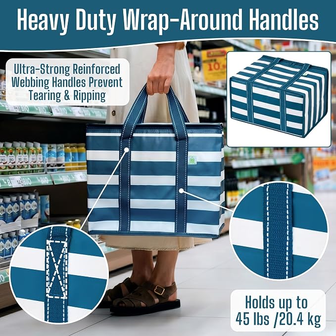 VENO 2 Pack Insulated Cooler Bag Reusable Grocery Bag for Food Delivery | Heavy Duty Large Collapsible Cooler Shopping Tote w/ Zippers,Foldable,Stands Upright for Camping(Classic Navy Stripe,2 Pack)