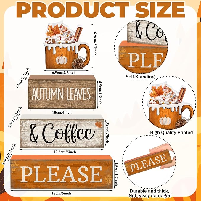 Lineshading 4 Pcs Fall Coffee Table Decor Fall Decor for Home Pumpkin Latte | Stackable Blocks for Coffee Bar, Thanksgiving Table Centerpiece, Rustic Farmhouse Home Decoration, Autumn Theme