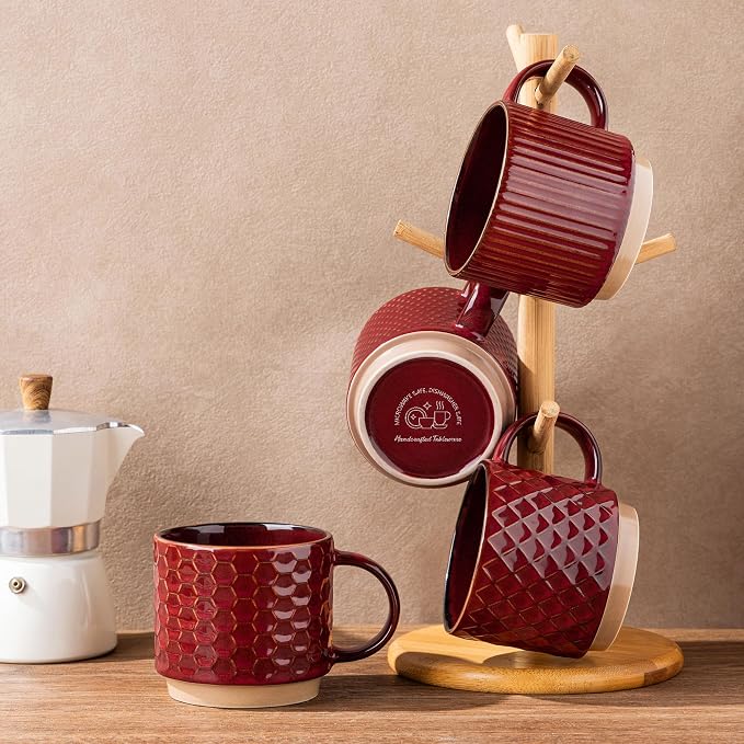 GBhome 15 OZ Stackable Coffee Mugs Set of 4, Ceramic Coffee Cups Set | 4 Assorted Designs, Embossed Mugs with Texture Patterns for Tea/Coffee, Dishwasher&Microwave Safe, Burgundy
