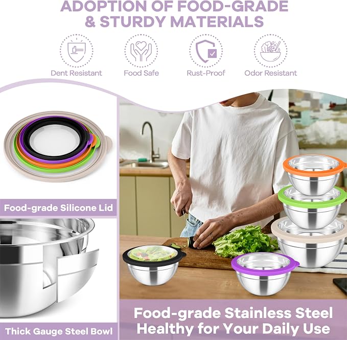 TeamFar Mixing Bowls Set, 4.5/3/1.5/1/0.7 QT Salad Bowl with Lids, Colorful | Stainless Steel Nesting Bowls with Visible Airtight Lids, For Serving/ Mixing/ Storing, Non-Toxic & Dishwasher Safe, Set of 5