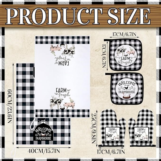 Bencailor 6 Pcs Farm Kitchen Towels Oven Mitts and Pot Holders Decorative Dish Towels Tea Non Slip Heat Resistant Oven Gloves for Summer Home Cooking Dish Baking BBQ, Black, White