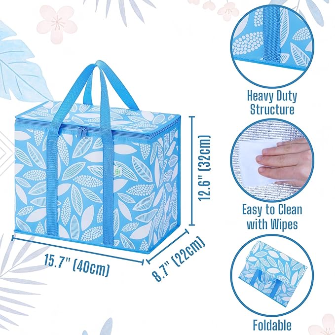 VENO 2 Pack Insulated Cooler Bag Reusable Grocery Bag for Food Delivery | Heavy Duty Large Collapsible Cooler Shopping Tote w/ Zippers, Foldable, Stands Upright for Camping (Spring Breeze, 2 Pack)