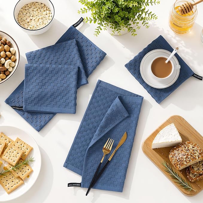 Homaxy 100% Cotton Terry Dish Cloths, 12"x12", 6-Pack, Navy Blue | Ultra Soft Absorbent Dish Towels with Hanging Loop, Pineapple Grid Designed