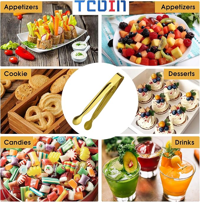 Mini Serving Tongs Set, 12 Gold Stainless Steel Tongs, 6.3 in for Sugar Cubes, Ice, Candy, Charcuterie, Coffee Bar