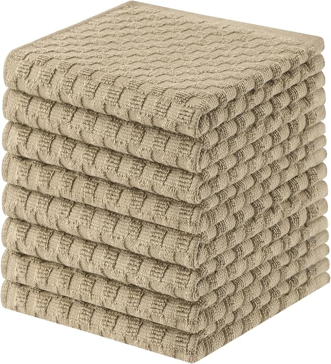 Homaxy 100% Cotton Terry Dish Cloths, 12"x12", 8-Pack, Tan | Ultra Soft Absorbent Dish Towels with Hanging Loop, Pineapple Grid Designed