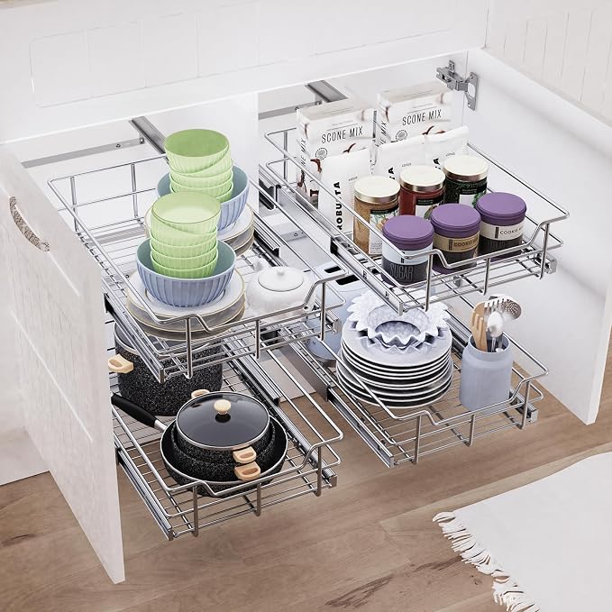 Pull Out Cabinet Organizer 20" W X 17" D, Slide Out Drawers For Kitchen Cabinets, Pull Out Drawers For Cabinets Capacity Heavy Duty Caddy, Cabinet Pull Out Shelves Chrome-Plated, Bathroom Pantry | For Kitchen Organizers and Storage, Pull Out Drawers Fo...
