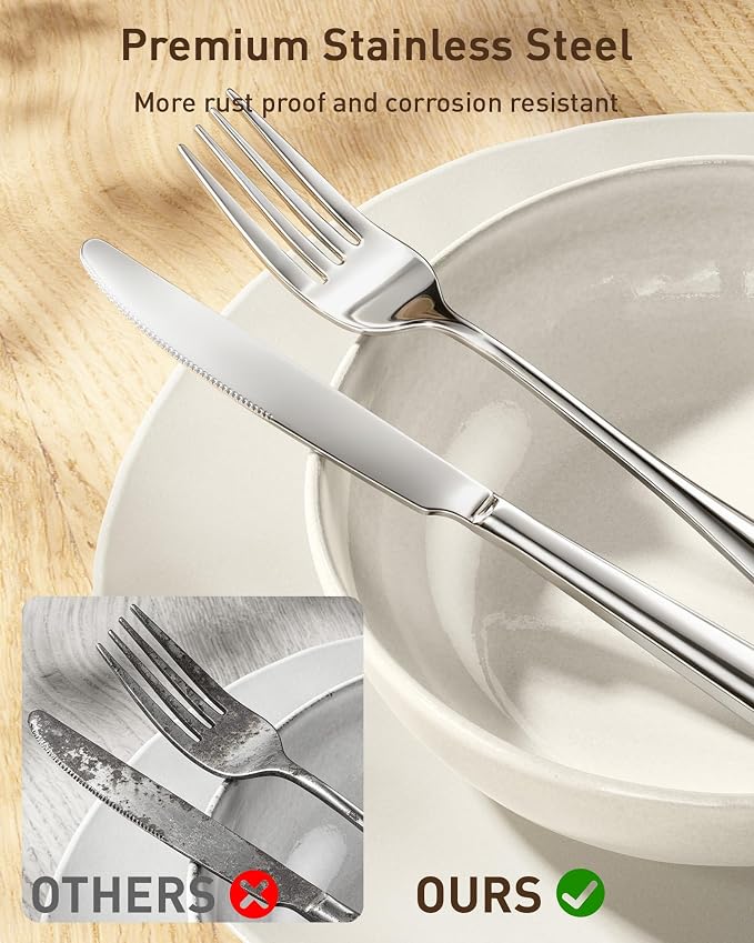 Quatish 30 Piece Silverware Set with Steak Knives, Cutlery Utensil Sets for 5, Food-Grade Stainless Steel Flatware Sets, Kitchen Utensils Set for Home Restaurant Hotel, Mirror Finished, Silver