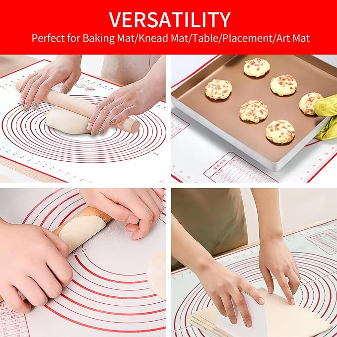 Silicone Baking Mat, 32x24 inch Non Stick Kneading Mat for Rolling Dough | Anti-slip, Heat Reststant, Dishwasher Safe, With Cable Ties &Crem Scraper, With Measurement