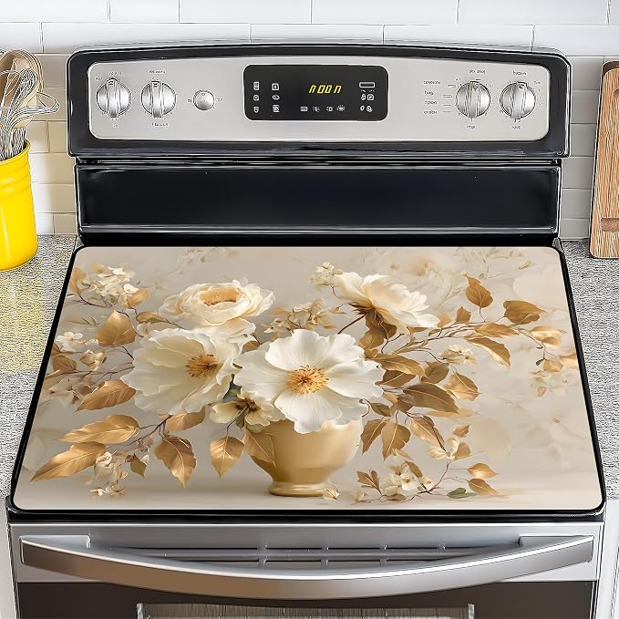 NYZE Gold Leaves & Cream Floral Stove Top Cover for Electric/Glass Stove, Flat Top Cooktop Protector, Electric Cooktop Cover, Extra Counter Space for Kitchen