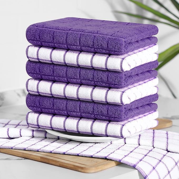 Homaxy Large Premium Cotton Kitchen Towels 16"x 28", 6 Pack, Purple | Natural Ring Spun 390 GSM Dish Towels, Super Absorbent Terry Kitchen Hand Towels, Soft Tea Towels with Hanging Loop