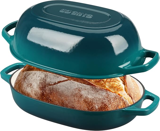 EDGING CASTING Enameled Cast Iron Oval Dutch Oven Pot with Lid, Dutch Oven for Sourdough Bread Baking, Bread Oven, Bread Dutch Oven, Oval Bread Pan, 7qt, Darkcyan