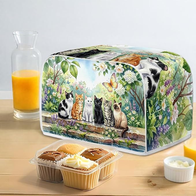 Cats Floral Print Bread Machine Cover 4 Slice Wide Slot Toaster Dust Covers Butterfly Print Protective Cover for Kitchen