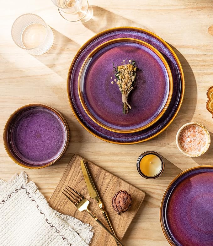 Ceramic Dinnerware Set for 6, 18-Piece Plates and Bowls Set | Lightweight Porcelain Dish Set, Scratch Resistant, Oven & Microwave & Dishwasher Safe, Amber Amethyst