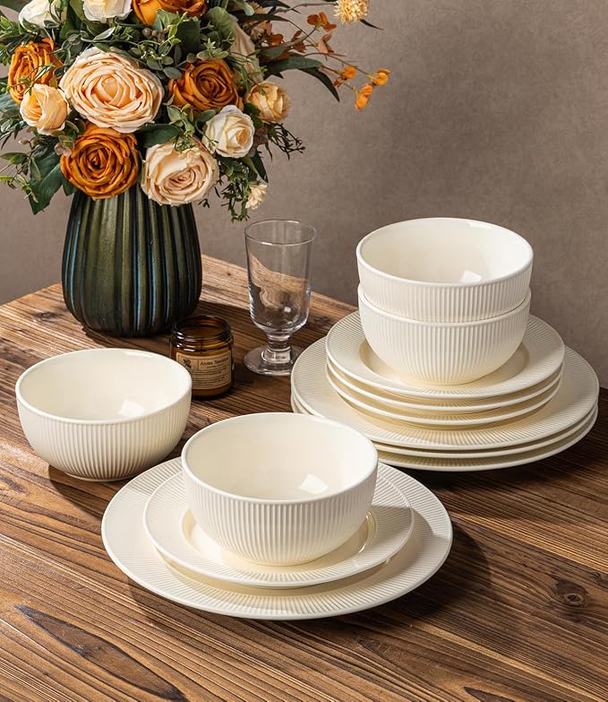 Ceramic Dinnerware Set for 4, 12-Piece Plates and Bowls Set | Lightweight Porcelain Dish Set, Scratch Resistant, Oven & Microwave & Dishwasher Safe, Ivory