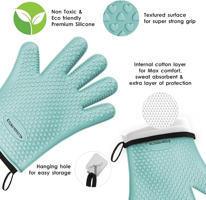 KITCHEN PERFECTION S Silicone Smoker BBQ Gloves - Heat Resistant Oven Mitts | Waterproof, 5-Finger Design For A Better Grip, for Pitmasters, Meat Smoking, Grilling, Cooking, Frying Turkey | Grill Gift