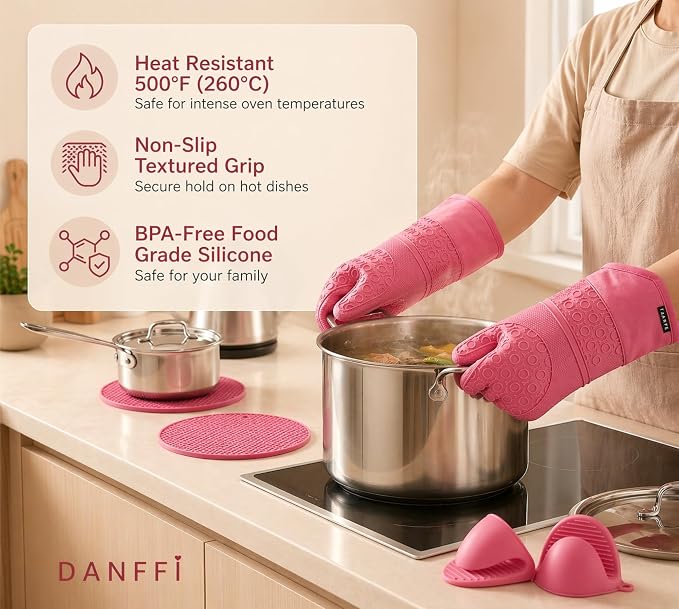 Silicone Oven Mitts and Pot Holders 6 Piece Set, Heat Resistant 500°F Extra Long Oven Gloves with Cotton Lining, Non-Slip BPA-Free Hot Pads and Pinch Mitts for Baking BBQ Cooking (Pink)