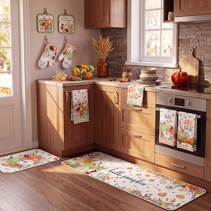 Fanfanwin 10 Pcs Fall Kitchen Decor and Accessories Set Pumpkin Kitchen Towels Maple Leaves Pot Holders Oven Mitts and Rugs Set for Home Decorations Cooking Baking Housewarming Gifts