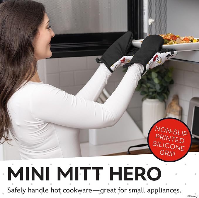 Disney Mickey & Friends Mini Oven Mitts, 2-Pack, Heat Resistant 450F | Compact 5.5"x7.5" pot holders for kitchen, printed silicone offers non-slip grip, ambidextrous, hand wash or spot clean