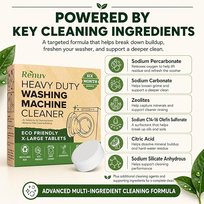 Renuv® Heavy Duty Washing Machine Cleaner & Descaler & Deodorizer Tablets | Deep Cleaning Tablets Remove Residue, Grime Buildup, Front Load or Top Load Washer, HE and Septic Safe, 6 Month Supply