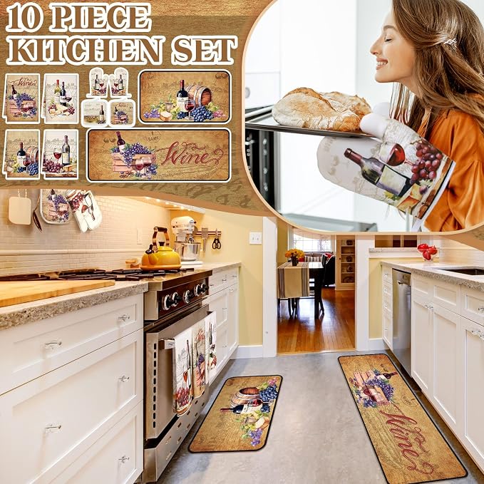 Fourluoo 10 Pcs Wine Kitchen Dish Towels Rugs Oven Mitts and Pot Holders Set Farmhouse Kitchen Decor Set for Women Mom Daughter Gift Cooking Baking Grilling (Rustic Color)