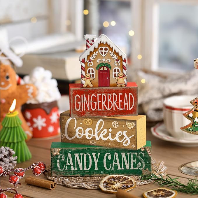 Lineshading 4 Pcs Christmas Table Decor Gingerbread House Tiered Tray Decor | Wood Rustic Gingerbread Block Signs, Christmas Table Centerpiece, Farmhouse Home Decor for Table Kitchen Shelf Party Gift