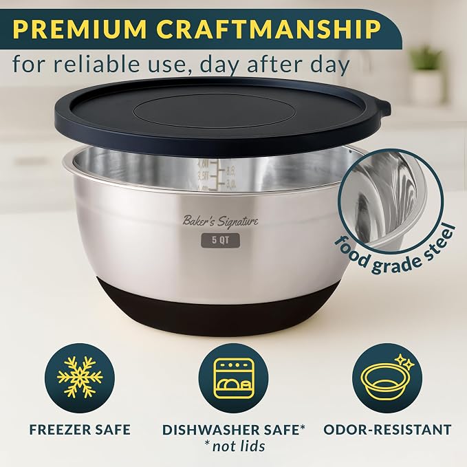Stainless Steel Mixing Bowls with Lids Set of 5, 3 Graters, Black | Nesting Design with Airtight Covers & Non-Slip Base – Mirror Finish for Food Prep, Storage, Baking & Serving