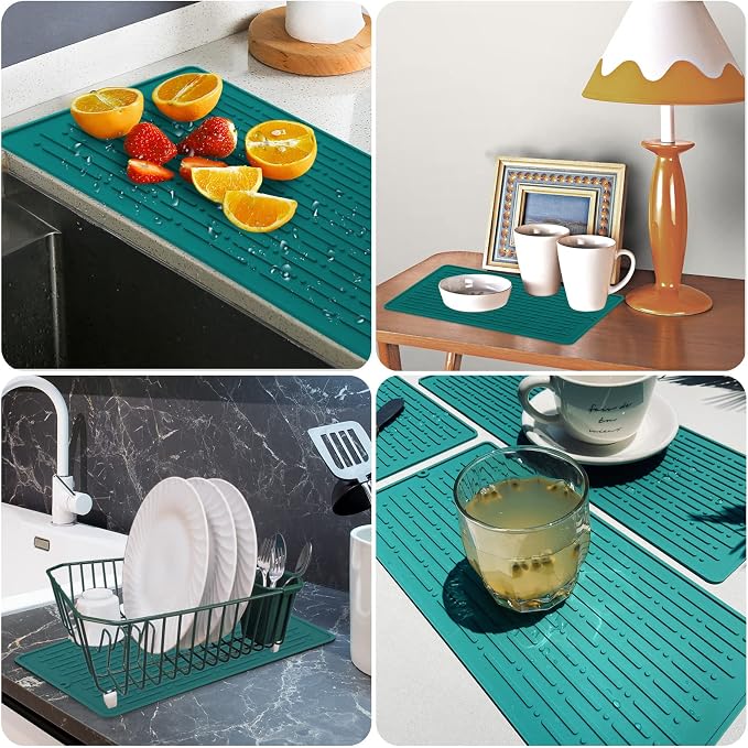 Dish Drying Mats, Heat-resistant Silicone Mat for Kitchen Counter, Non-Slip Dish Dry Mat Dishwasher Safe Medium, Turquoise
