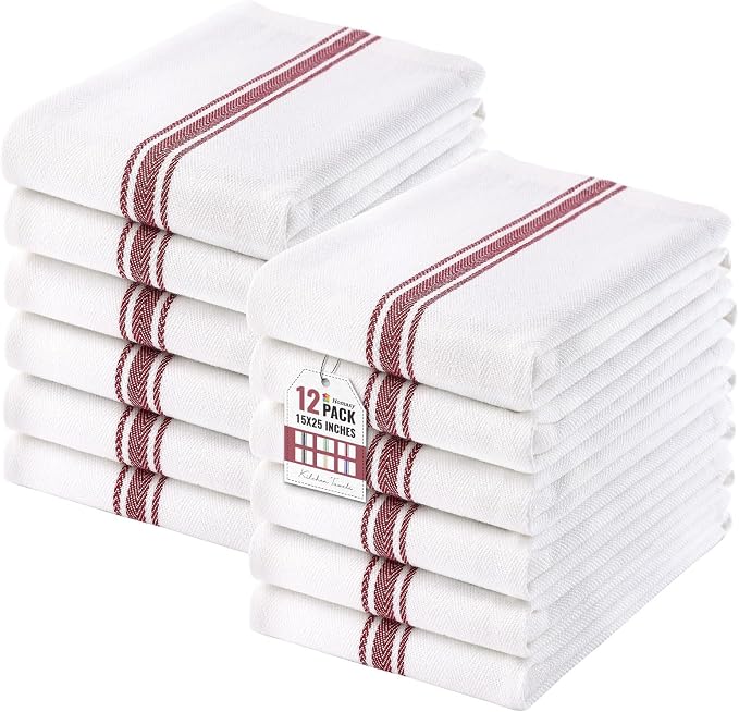 Homaxy 100% Ring Spun Cotton Kitchen Towels 12 Pack, Red Stripe | 15 x 25 Inch, Highly Absorbent Dish Towels for Kitchen Drying, Reusable Cleaning Cloths, Soft Tea Towels with Hanging Loop