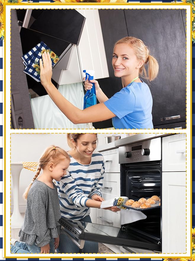 4 Pcs Sunflower Kitchen Towels Set, Hand Tea Towels Gifts | Absorbent Fast Drying Dish Clothes Floral Blue White Plaid Decor Housewarming Gift for Cooking Bathroom Kitchen Decor