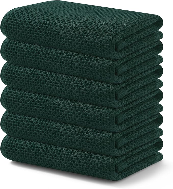 Kitinjoy Cotton Waffle 6-Pack Kitchen Towels, 13" x 28", Blackish Green | Super Soft, Ultra-Absorbent, Fast Drying, lightweight, Quick Drying Kitchen Hand Towels