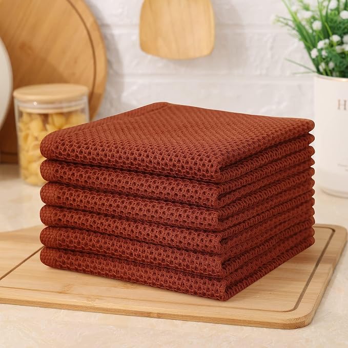 Kitinjoy 100% Cotton Waffle 8-Pack Kitchen Towels, 12" x 12", Rust | Ultra Absorbent, Super Soft, lightweight, Quick Drying Dish Rags for Washing Dishes