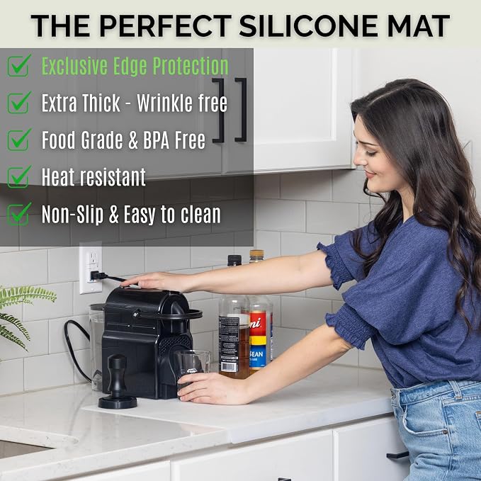 Silicone Mat for Kitchen Counter with "Edge Protection" – Quartz Countertop Protector Mats – Silicone Heat Resistant Mat – No Folds or Wrinkles – 1.5mm Thick, 24"x16", Translucent