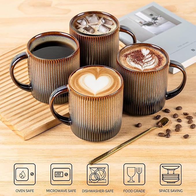 theterra Ceramic Coffee Mugs Set of 4, 14.2 oz Coffee Cups with Handle | Handmade, Suitable for Latte, Tea, Milk, Beer & Hot Cocoa, Cocoa Mocha