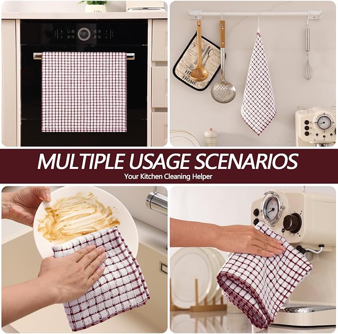 Homaxy Kitchen Towels and Dishcloths Set, Set of 12, Burgundy | Cotton Terry Kitchen Dish Towels, Super Soft and Absorbent Dish Cloths, 16 x 25 and 12 x 12 Inches