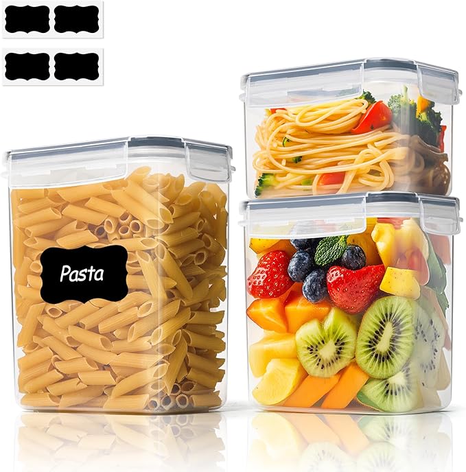 ComSaf Airtight Food Storage Containers with Lids 0.8/1.5/2.1Qt 3Pack | Plastic Canister, Flour Sugar Cereal Pasta Rice Oats Coffee Snacks, Pantry Kitchen, Label, Scoop, Stackable, BPA-free, Clear