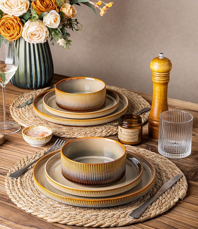 Ceramic Dinnerware Set for 4, 12-Piece Plates and Bowls Set | Lightweight Porcelain Dish Set, Scratch Resistant, Oven & Microwave & Dishwasher Safe, Creamy Amber