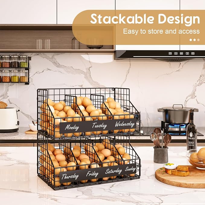 Egg Holder Countertop,Metal Egg Rack with Adjustable Dividers & DIY Labels | 2-Tier Stackable Wire Baskets, XXL Egg Basket for Gathering Fresh Eggs - Wall-Mounted Egg Storage, Chicken Coop Accessories