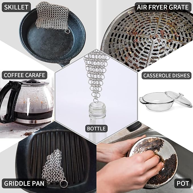 2pcs 5" Chain Mail Cast Iron Cleaner Scrubber, 316 Chainmail Scrubber | Stianless Steel Skillet Cleaning Brush, Chainmail Scrubber Metal Brush to Clean Dutch Oven Carbon Steel Wok Grill Pan Pot