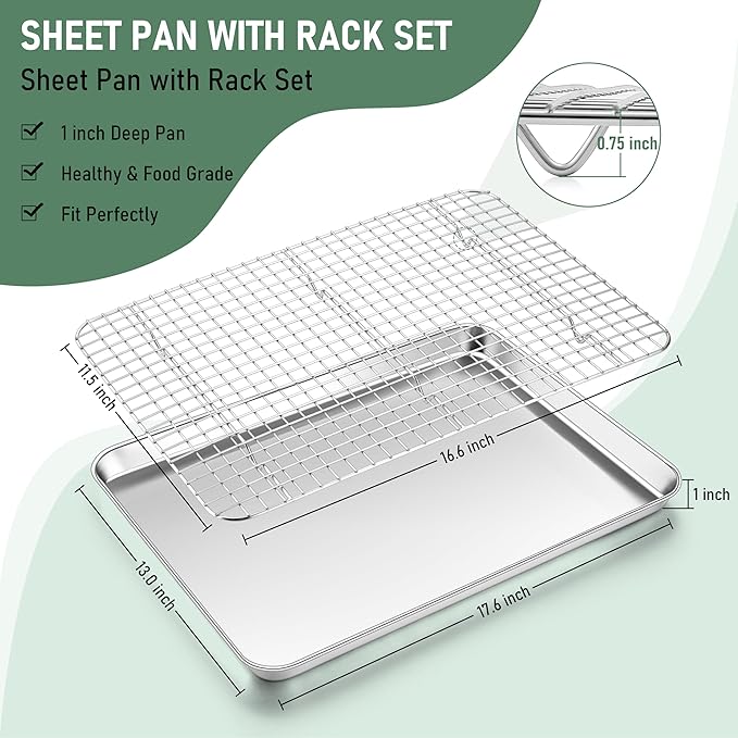 Homikit Half Baking Sheet with Wire Rack (1 Pan+1 Cooling Rack), 18" x 13" | Stainless Steel Cookie Sheet Pan with Cooling Rack Set, Large Bacon Tray for Oven Baking Cooking Roasting, Dishwasher Safe
