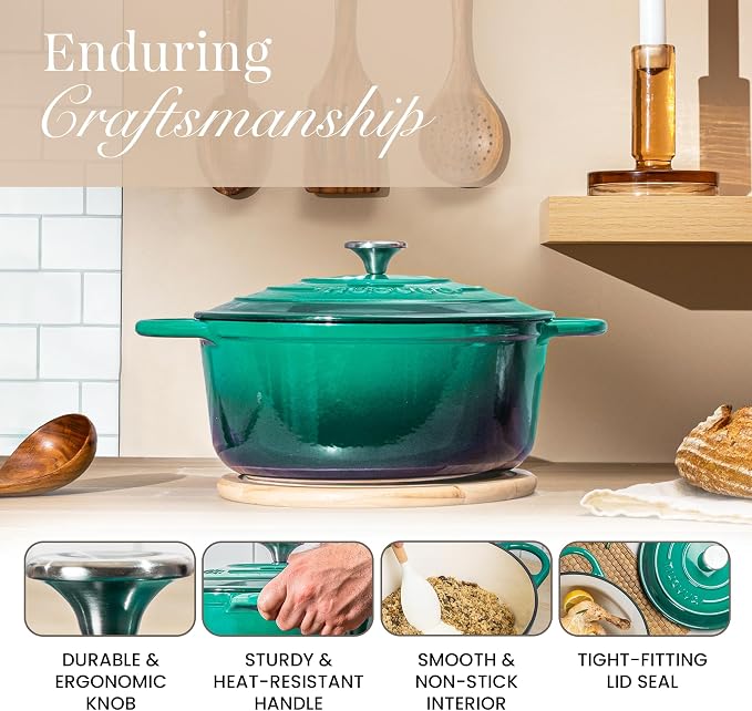 Cast Iron Dutch Oven with Lid - Non-Stick Ovenproof Enamelled Casserole Pot - Sturdy Dutch Oven Cookware - Dark Green, 3.1-Quart, 22cm-by Nuovva