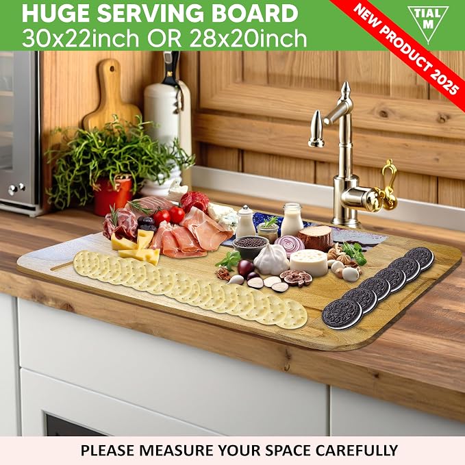 Rustic Mango Wood NOODLE BOARD –28x20 Extra Large Stove Top Cover Cutting Board -Farmhouse Kitchen Décor, Juice Groove & Handles, Mona Lisa & US Flag Art Serving Tray