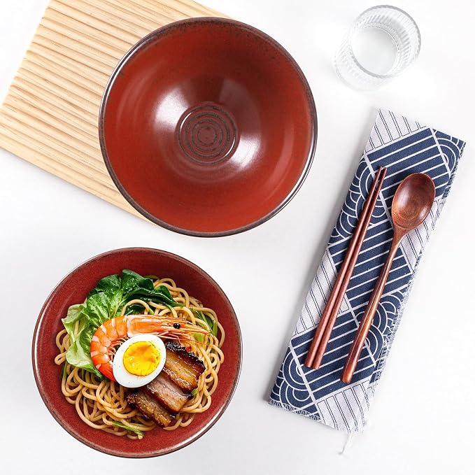 Ceramic Japanese Ramen Bowl Set, 2 Sets Asian Pho Udon Soup Noodle Bowls with Spoons and Chopsticks (Red, 8 inches)