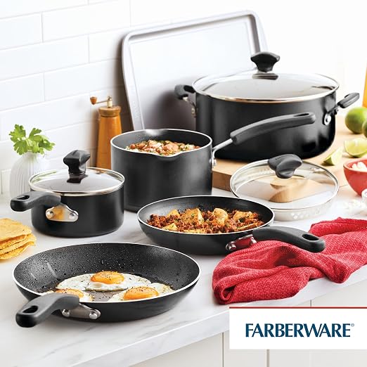 Farberware Cookstart Aluminum DiamondMax Nonstick Cookware Set, Kitchen Essentials, 15-Piece, Black