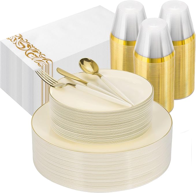 350 PCS lvory Plastic Dinnerware Set, lvory and Gold Rim Disposable Plates for 50 Guests, Include 100 lvory Plates with 150 Plastic Cutlery, 50 Napkins and 50 Cups