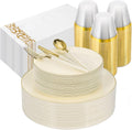 350 PCS lvory Plastic Dinnerware Set, lvory and Gold Rim Disposable Plates for 50 Guests, Include 100 lvory Plates with 150 Plastic Cutlery, 50 Napkins and 50 Cups