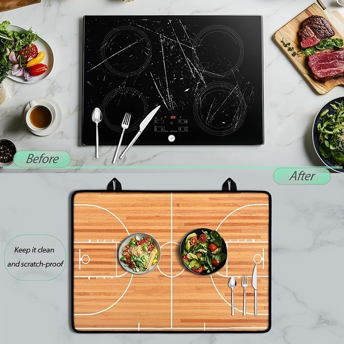 Basketball Court Stove Top Covers for Electric Stove Parquet Indoor Court Sport Glass Top Gas Stove Pad Heat Resistant Range Cooktop Mat for Kitchen 28"x20"